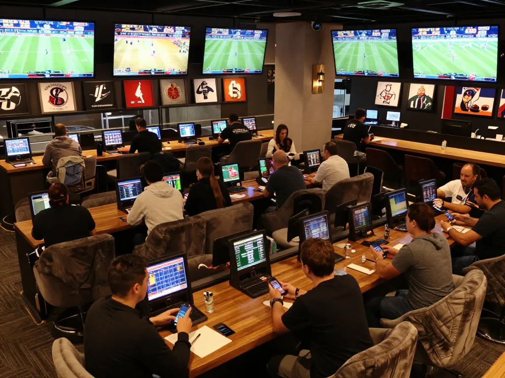 Patrons excitedly placing bets at nhà cái S666's premium sports lounge with live screens.