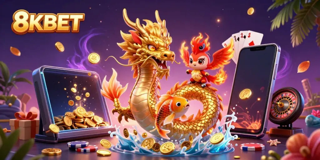 8KBET mang đến trò chơi sôi động với rồng vàng và cá koi nhảy múa trong ánh sáng vàng.
