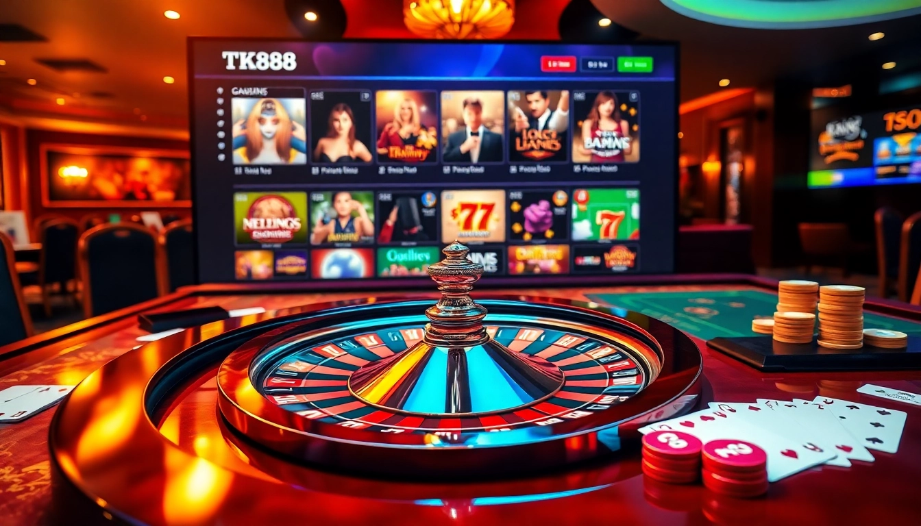 Experience the thrill of online gambling with TK88's dynamic casino scene featuring roulette, chips, and a sleek interface.