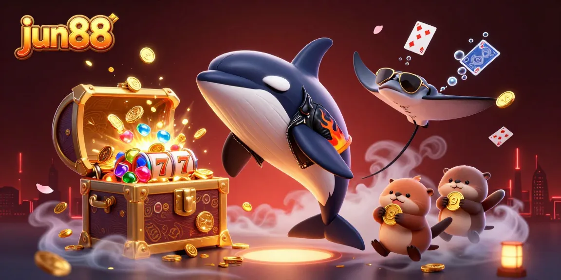 Experience thrilling fun at jun88 with a vibrant scene featuring a whale, stingray, and otters in a dynamic casino setting.