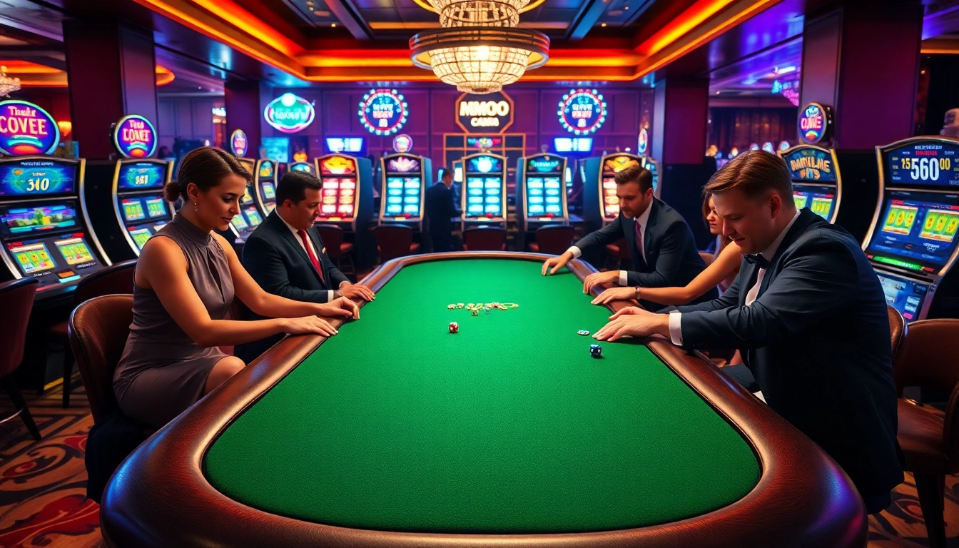 Players enjoying a thrilling game at the MMOO casino table with vibrant slots in the background.