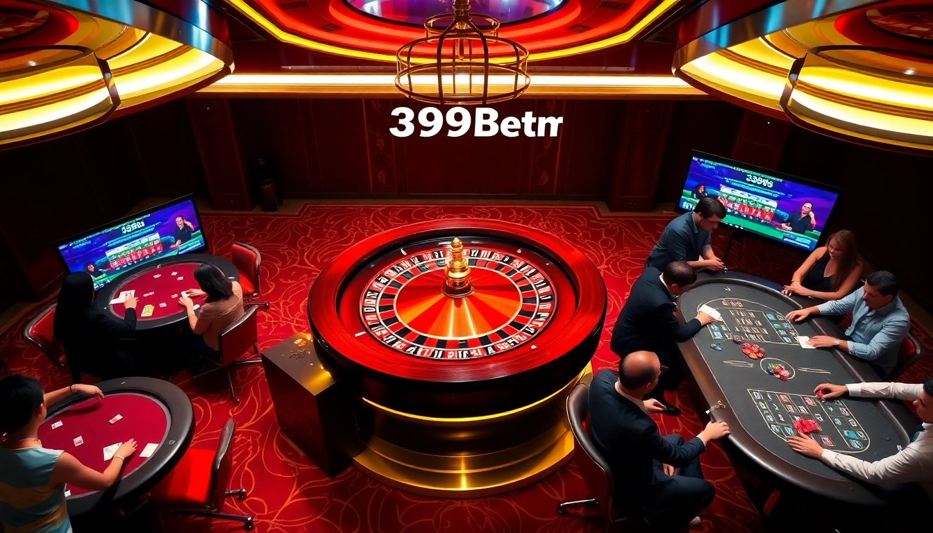 Engage in exciting bets at 399Bet.com with vibrant casino gaming scene featuring roulette and poker.