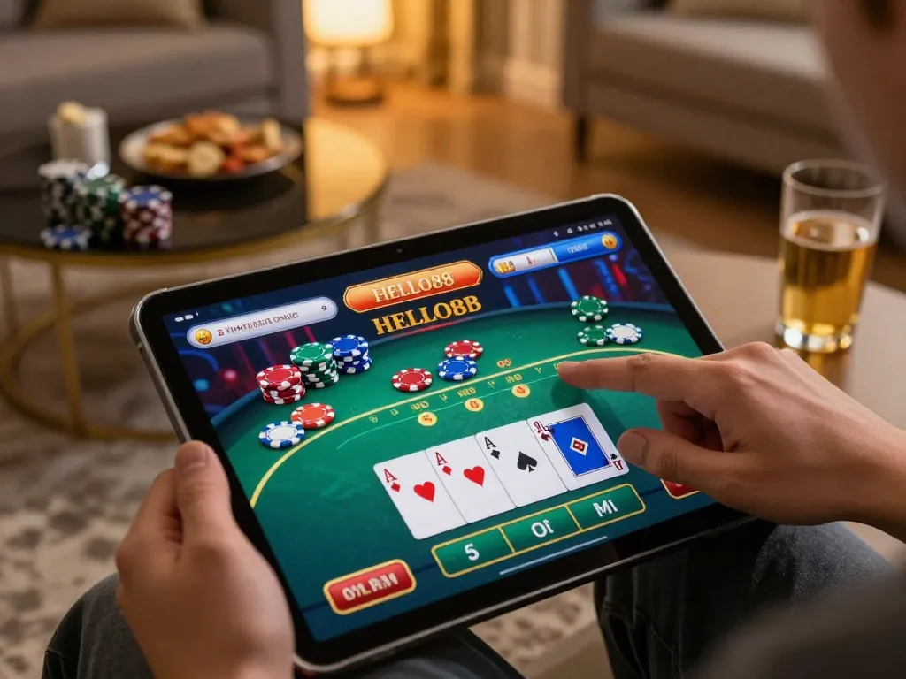 HELLO88 online casino gaming session showcasing vibrant poker action on a tablet.
