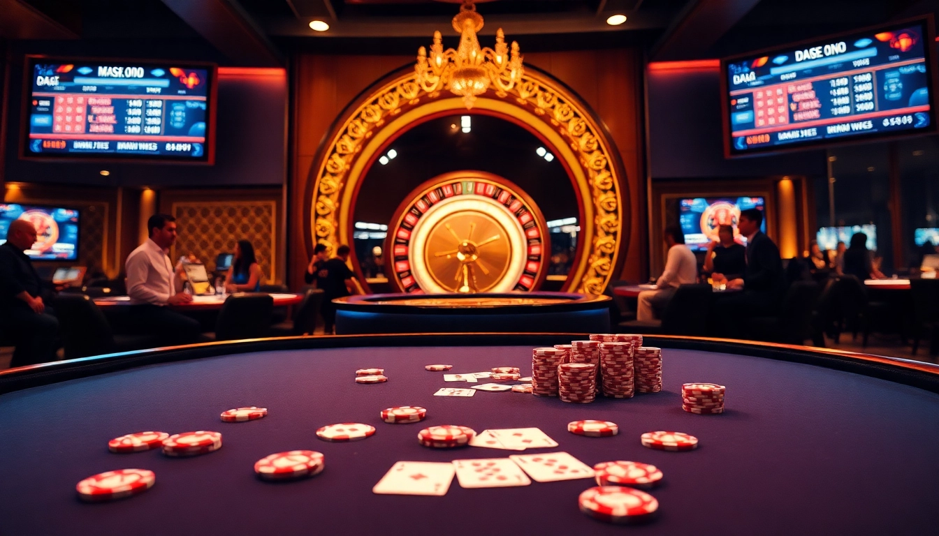 Daga online gambling scene showcasing a high-stakes poker table and roulette wheel in a luxurious casino environment.
