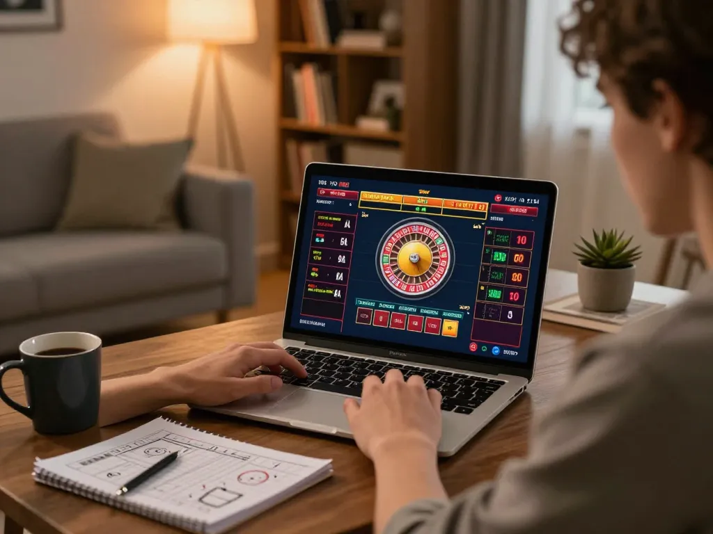 mm88 online gaming session with a focused player using a laptop at home, live roulette game on screen.