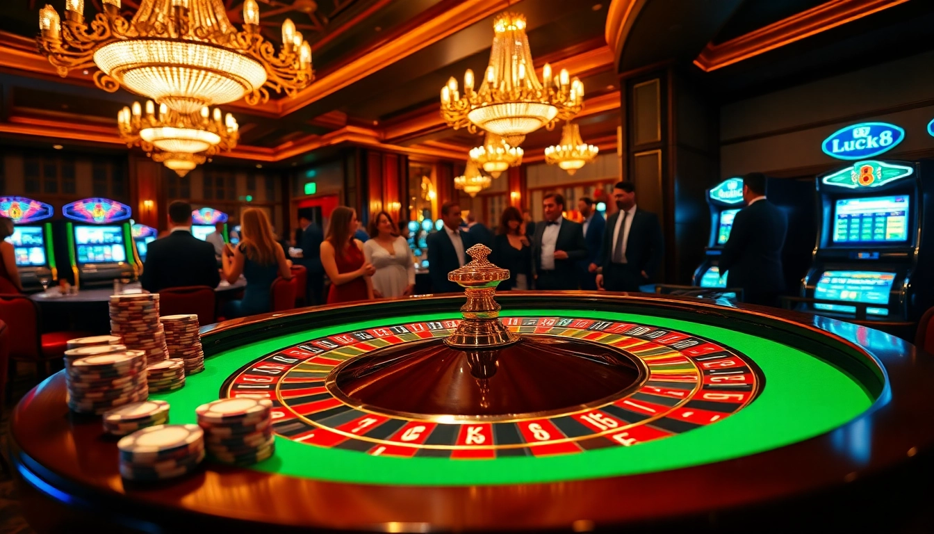 Exciting casino scene with Luck8 branding featuring players and a roulette table