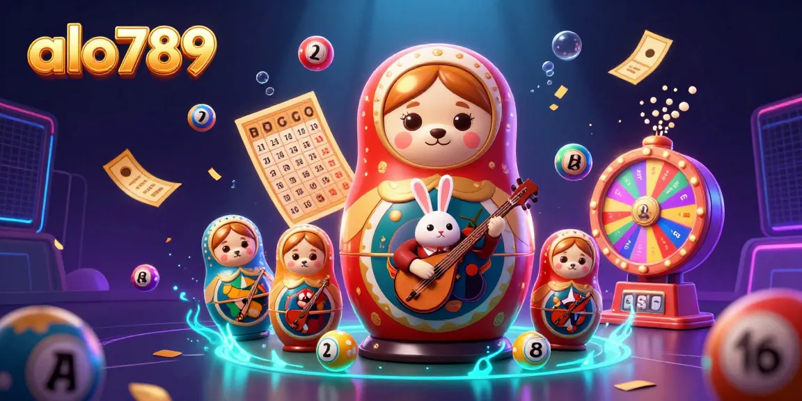 Alo789 captivates with a vibrant 3D scene of a Matryoshka bear and casino elements amidst dynamic game visuals.