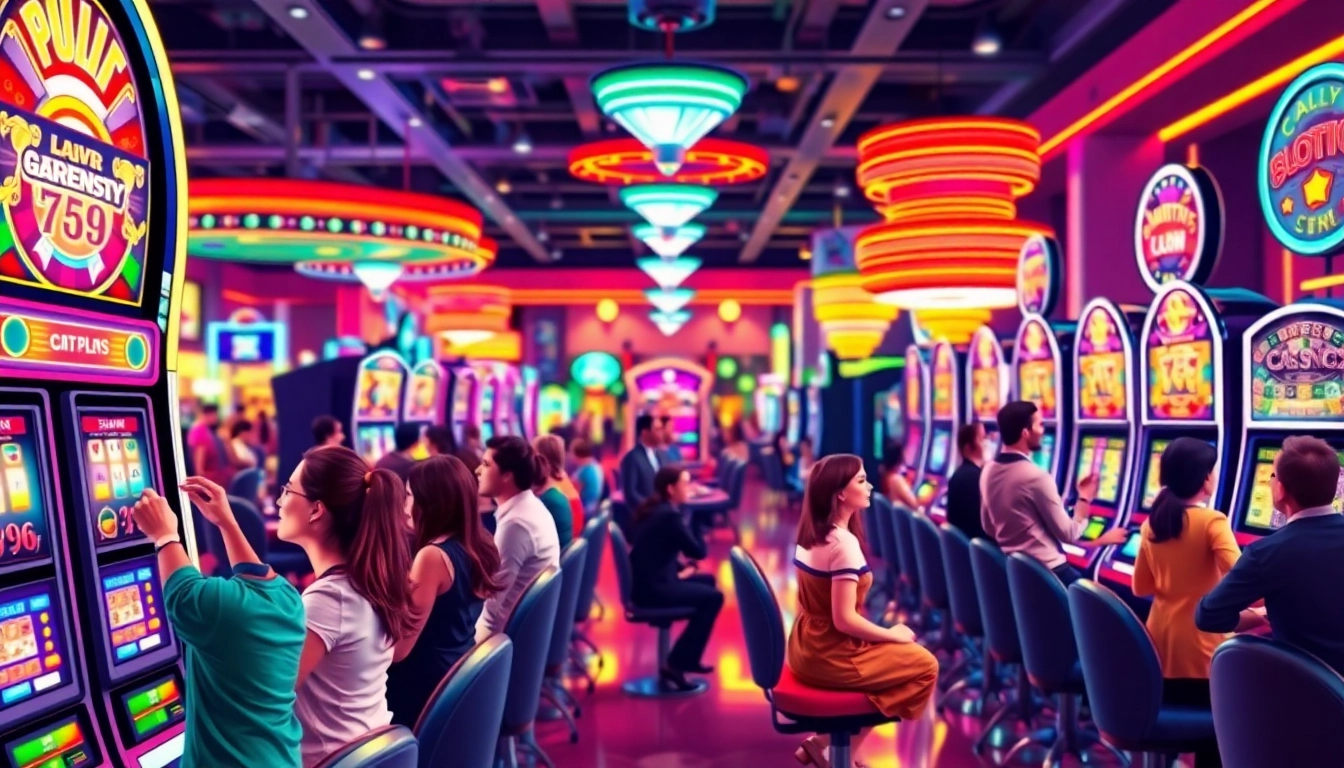 Permainan Slot Dana yang seru di lantai kasino dengan pemain yang menikmati suasana.