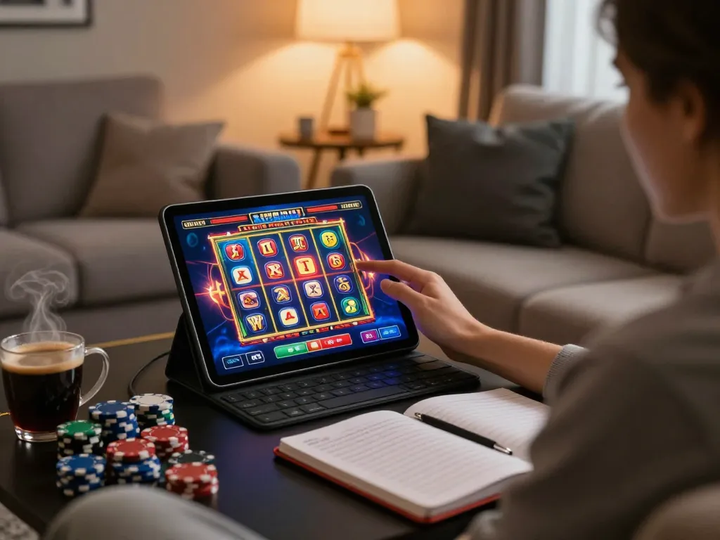 Engaging with real money pokies Australia online from home, vibrant screen displaying spinning reels.