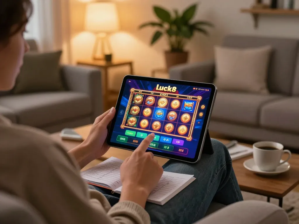 Engaging with the luck8 online casino app on a tablet in a cozy home setting, showcasing responsible gaming.