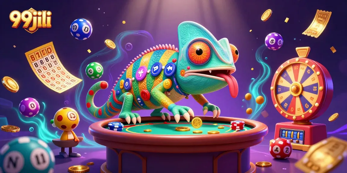 Exciting 99jili casino scene featuring a chameleon owner and dynamic game elements.
