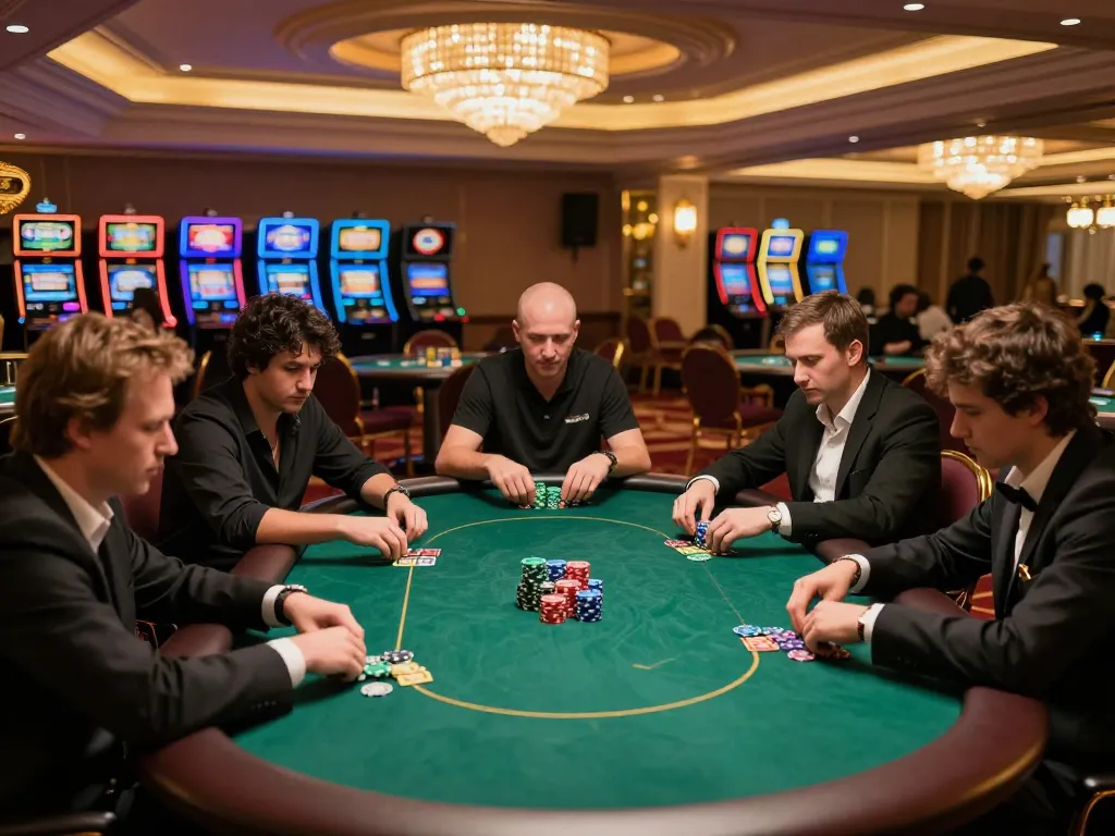 Players engaging in a high-stakes poker game at va88, showcasing strategy with colorful chips and intense focus.
