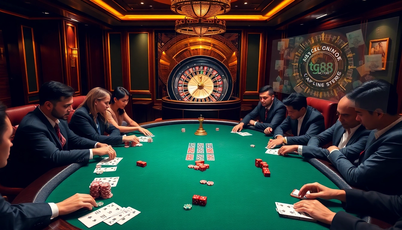 Players strategically wagering poker chips at a https://tg88.actor/ casino table with vibrant betting slip and roulette wheel