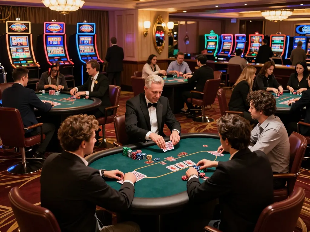 man club poker players engaging at elegant tables in a bustling casino setting
