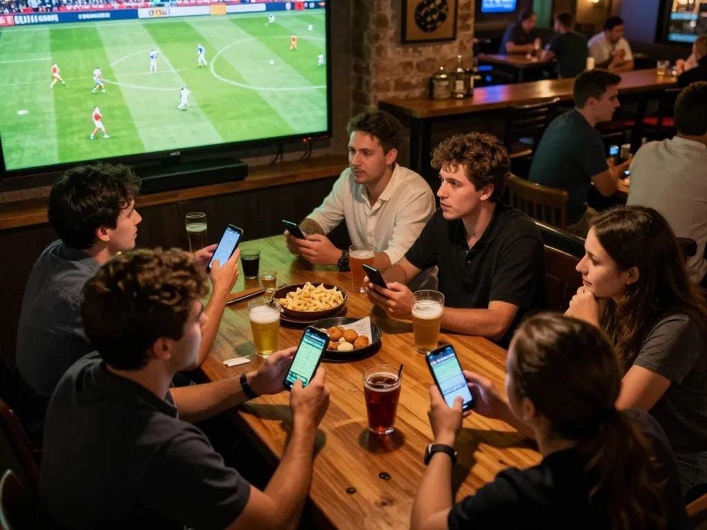 CakhiaTV viewers engaging in live betting while watching a football match at a sports bar.