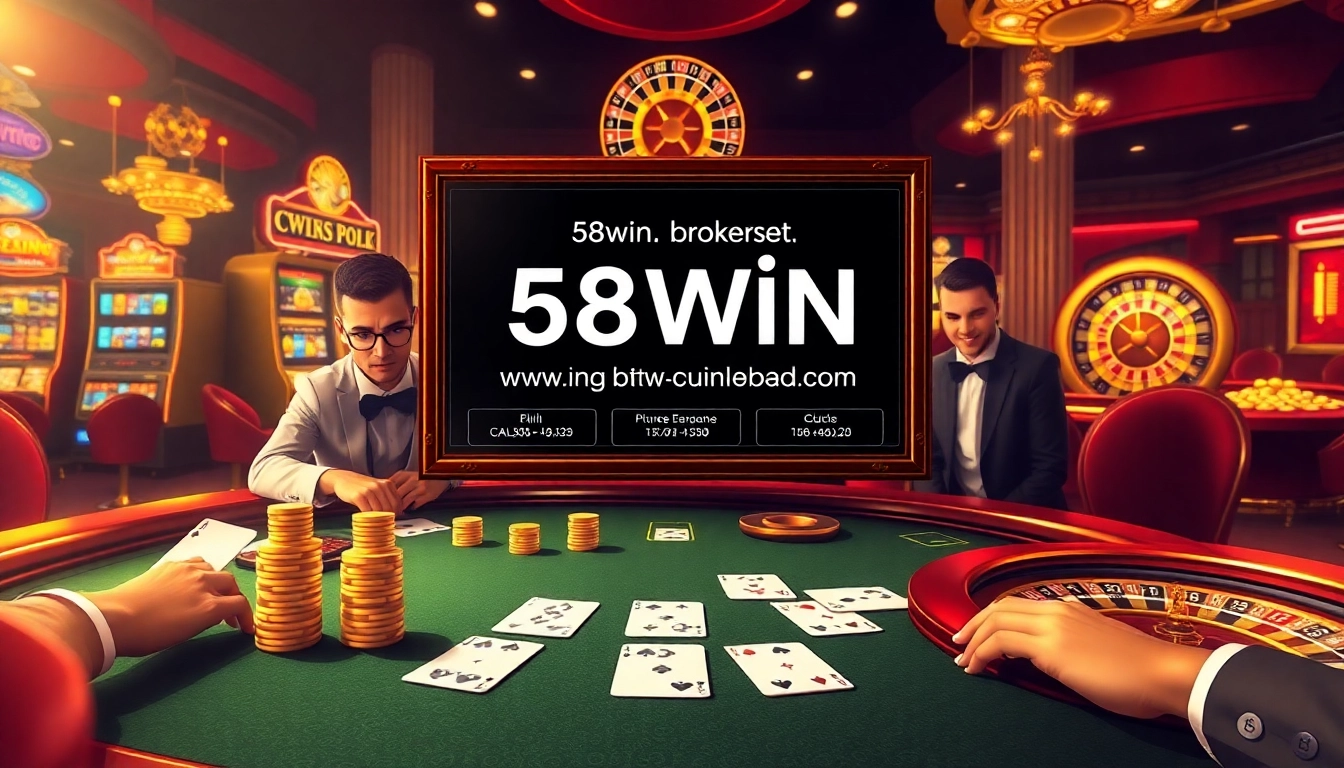The scene showing online gambling excitement at https://58win.broker/ with vibrant poker games and luxurious casino elements.