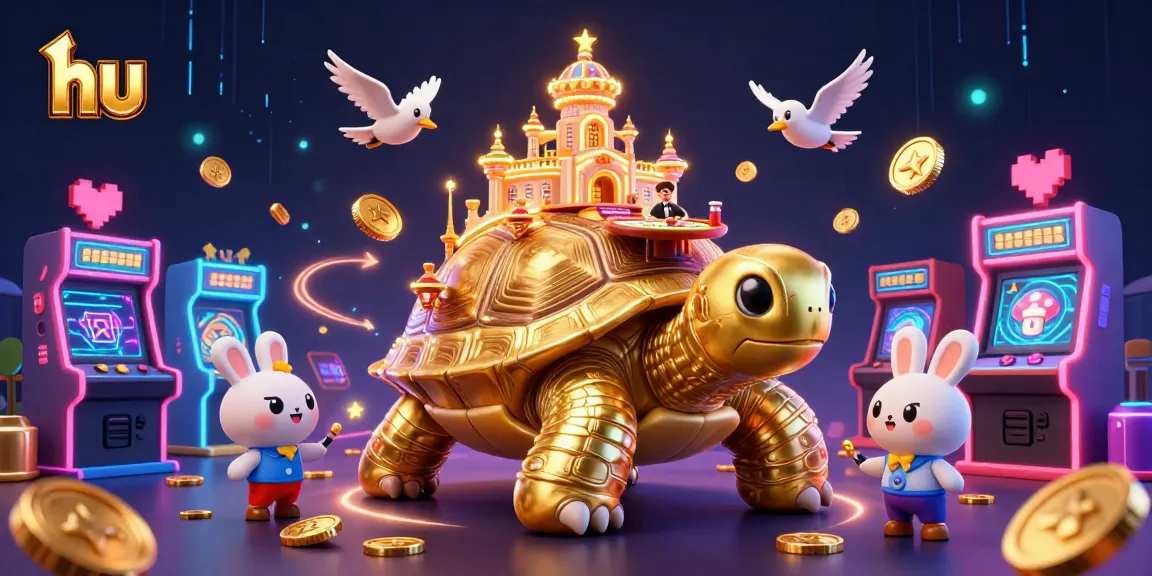 Experience hu's vibrant casino action with a tortoise palace and coin-dispensing birds in this colorful illustration.