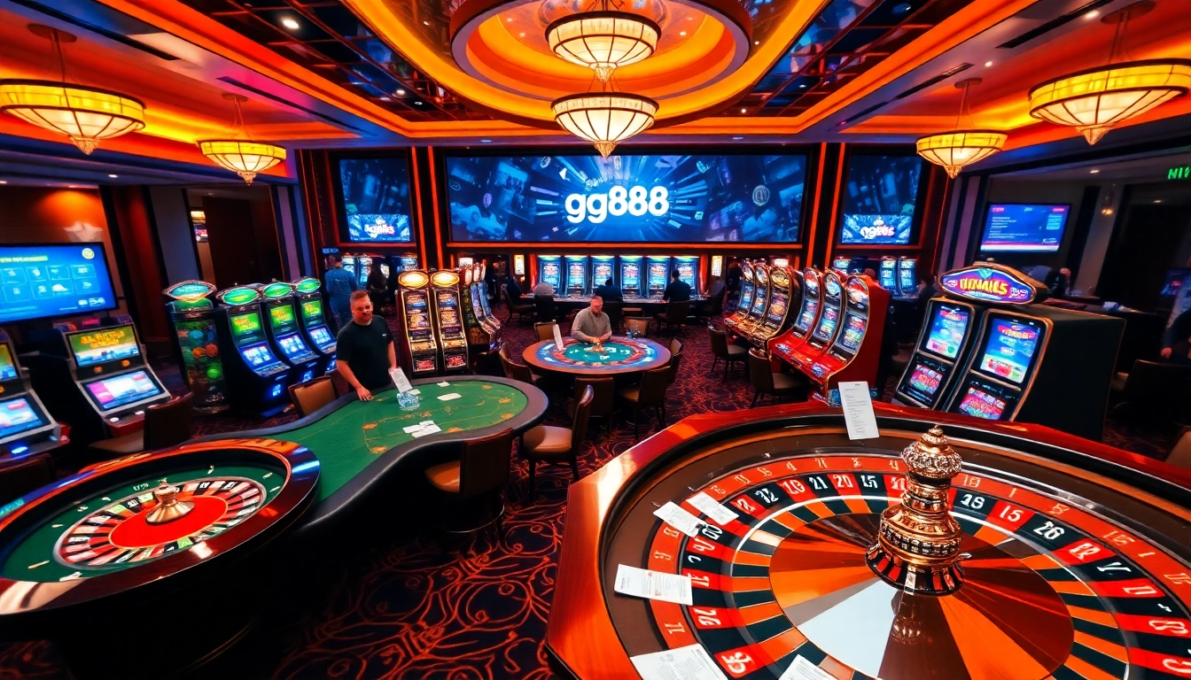 Exciting gaming action showcased at https://gg88.to/ with casino tables, roulette, and vibrant slot machines.
