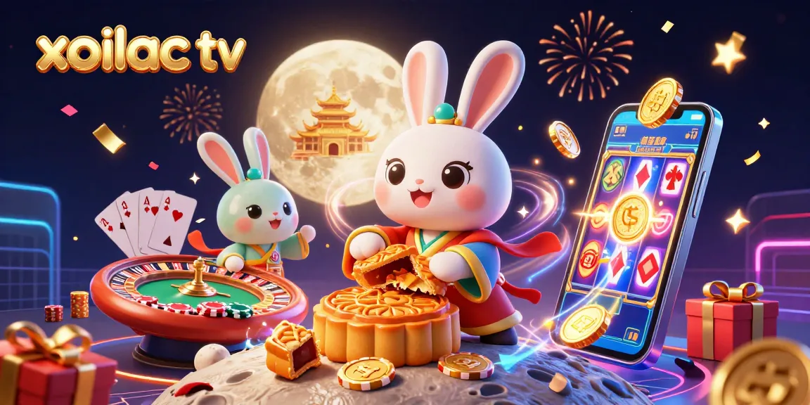 Xoilac TV showcases an energetic 3D lunar landscape scene with vibrant casino elements and characters.