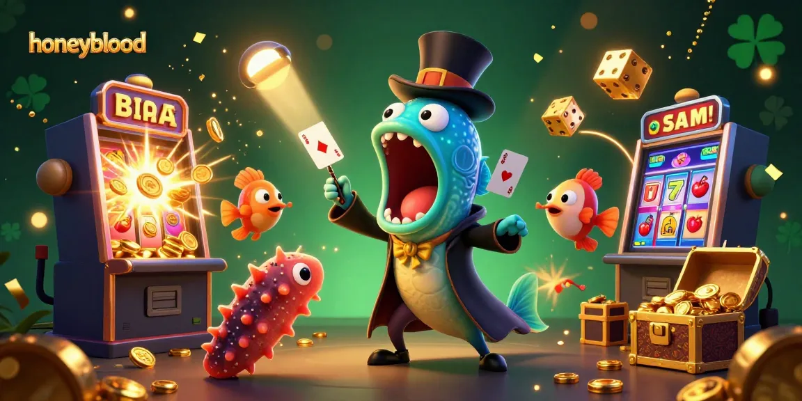 Honeyblood showcases a vibrant 3D casino scene with animated characters performing magic and exciting gambling symbols, including slot machines and golden treasures.