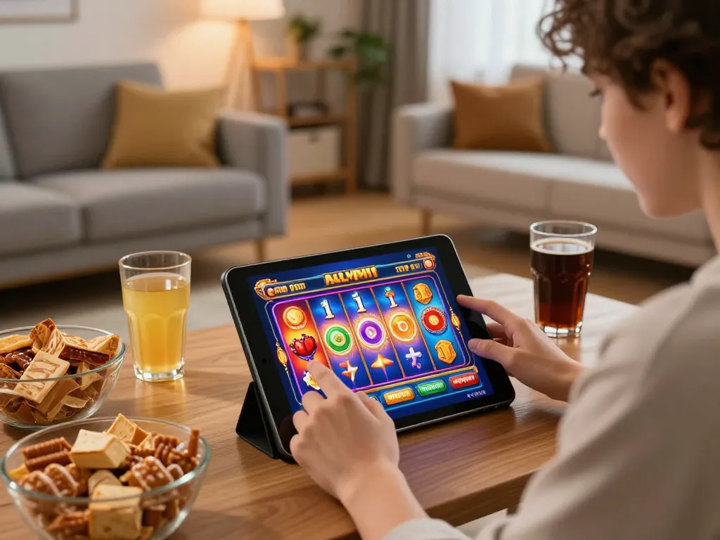 Engaging online slots gameplay at home with uu88 on tablet in a cozy setting.