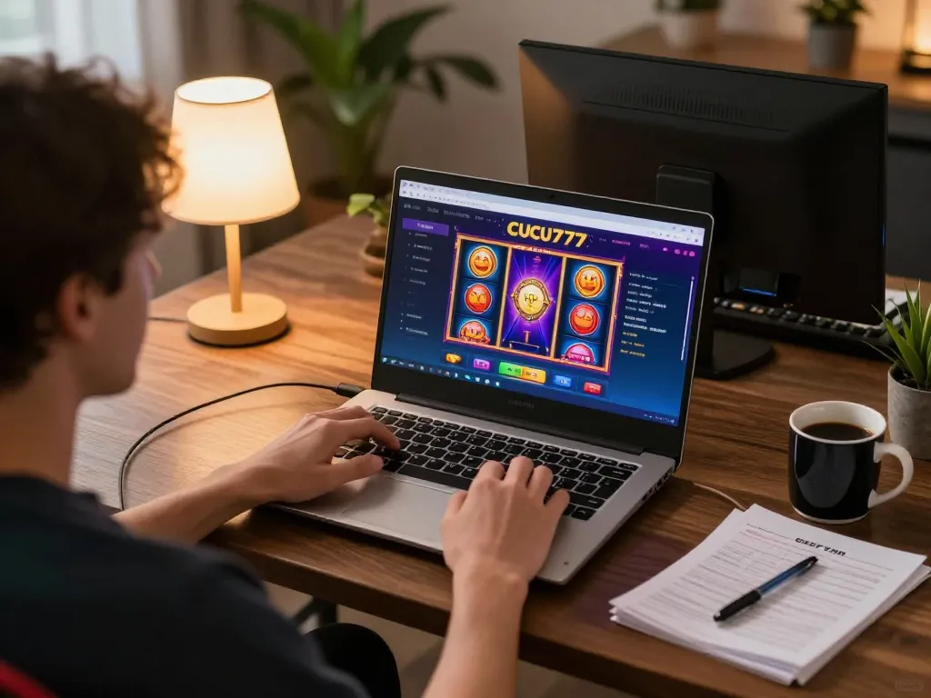 Engaging with CUCU777 online casino games at home, showcasing a modern gaming setup, perfect for strategic play.