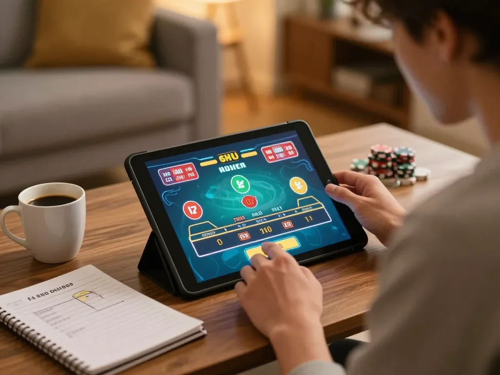 Hitclub player enjoying online casino game on tablet, showcasing strategic gameplay at home.