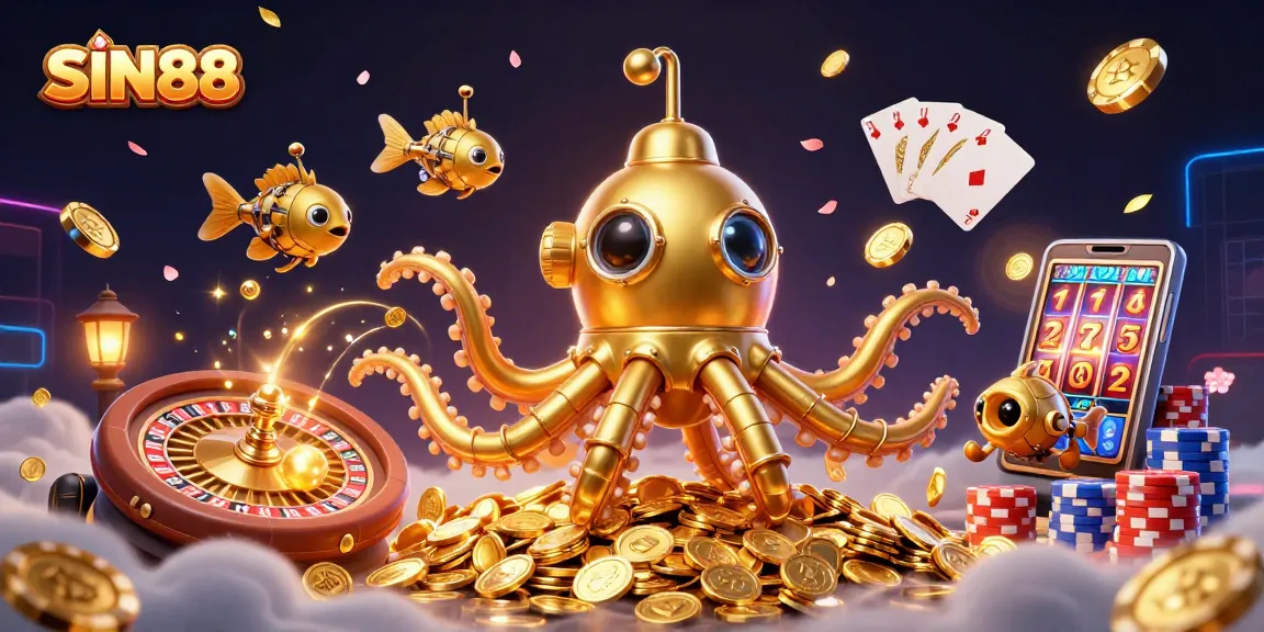 SIN88 attracts players with a vibrant 3D illustration showcasing a kraken submarine amidst dazzling casino elements.