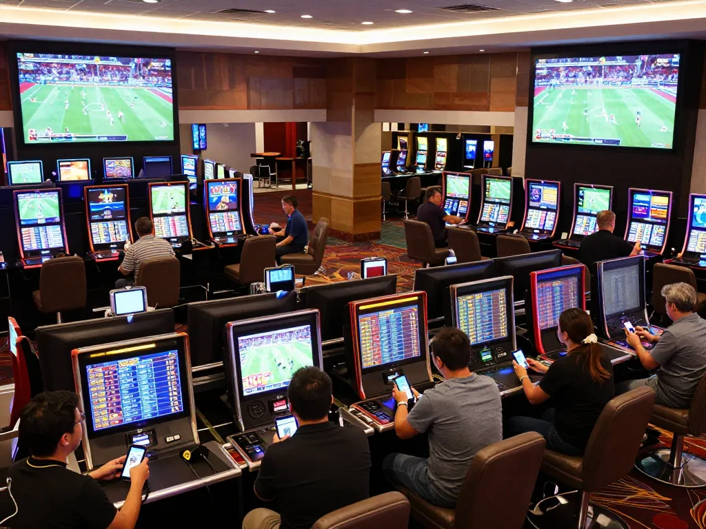 Engaged bettors place bets on thể thao o8, cheering for their favorite teams in an exciting sports betting area.