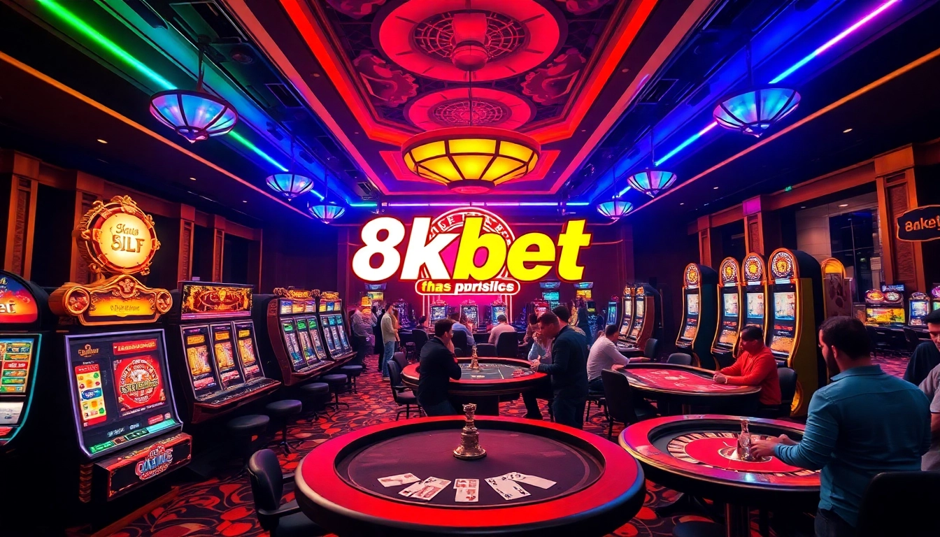 Experience the excitement of gambling at 8kbet with luxurious casino visuals, including tables, chips, and players.
