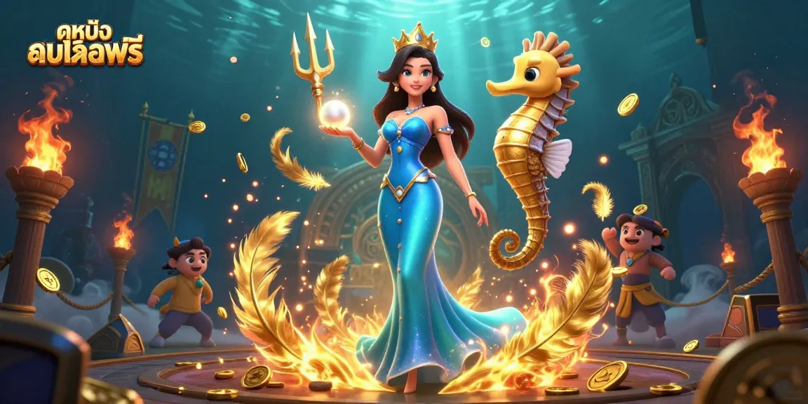 Engage with ดูหนังออนไลน์ฟรี in a mesmerizing underwater scene filled with golden treasures and dynamic gaming elements.