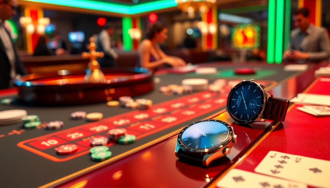 Engaged gamblers with the LC88 smartwatch amidst a vibrant casino scene