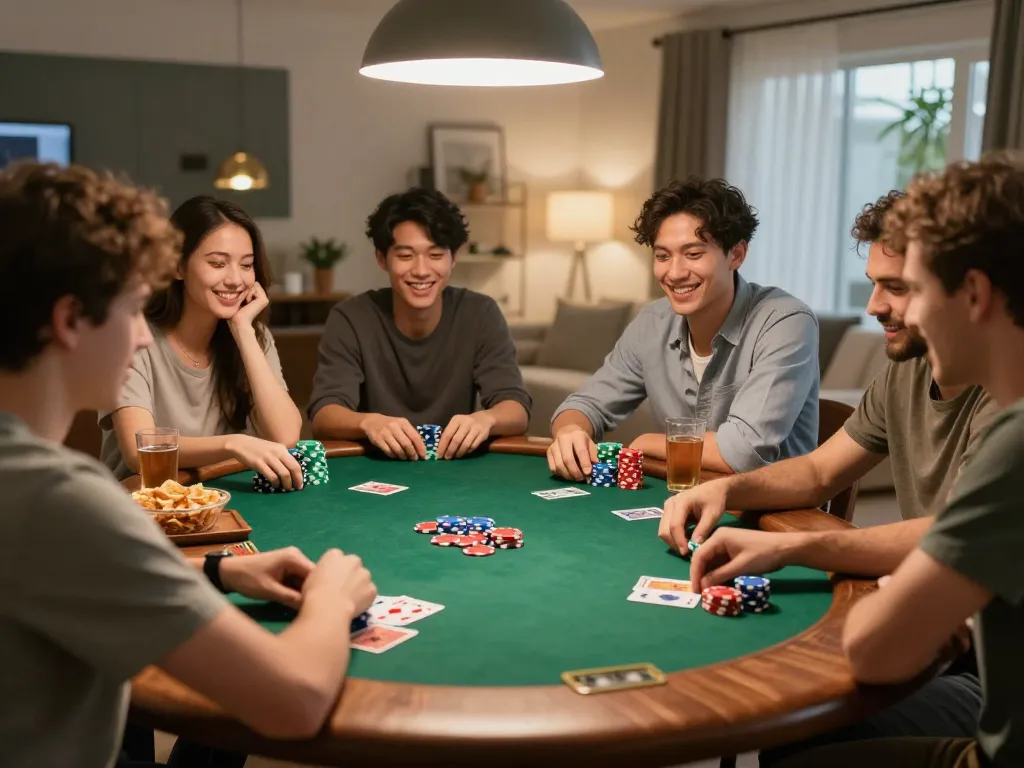 O8 players enjoying a friendly poker game at home with vibrant chips and cards spread across the table.