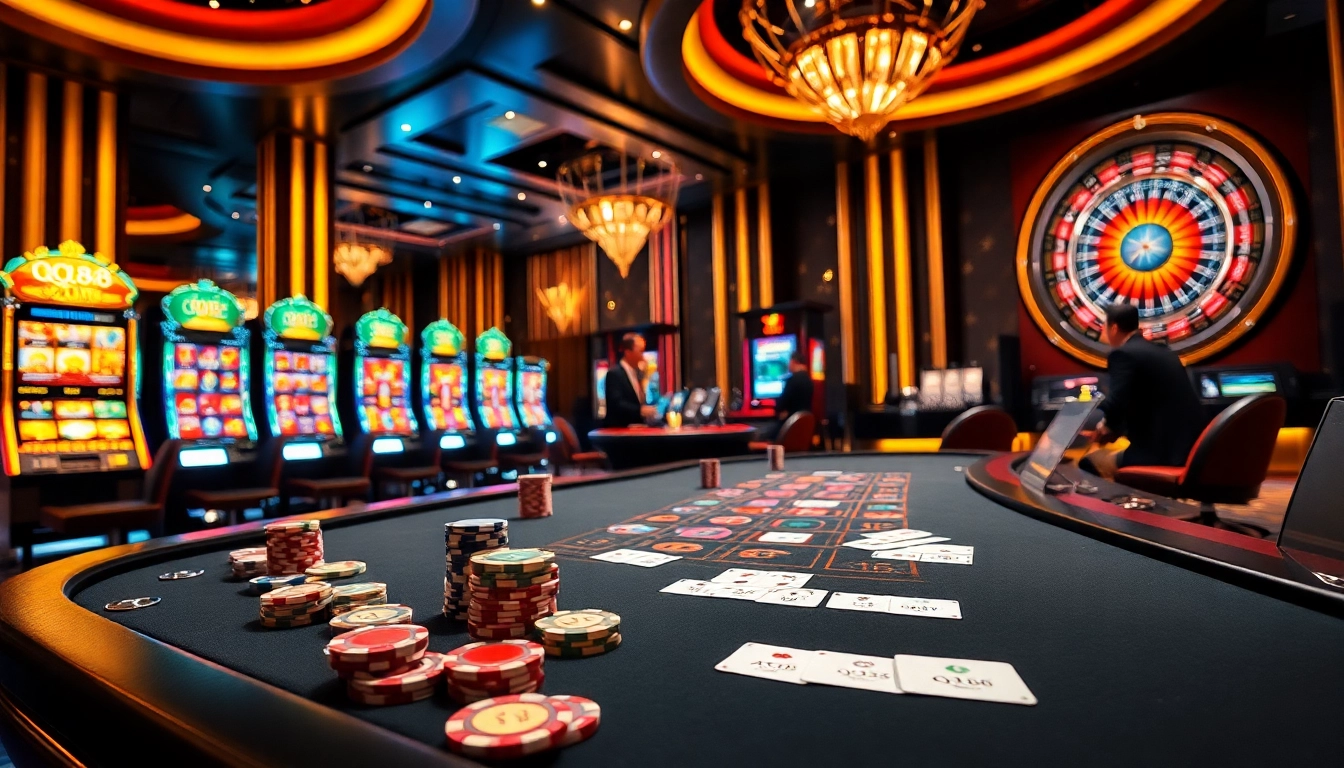 Exciting QQ88 casino gaming experience with vibrant tables, chips, and lively atmosphere.