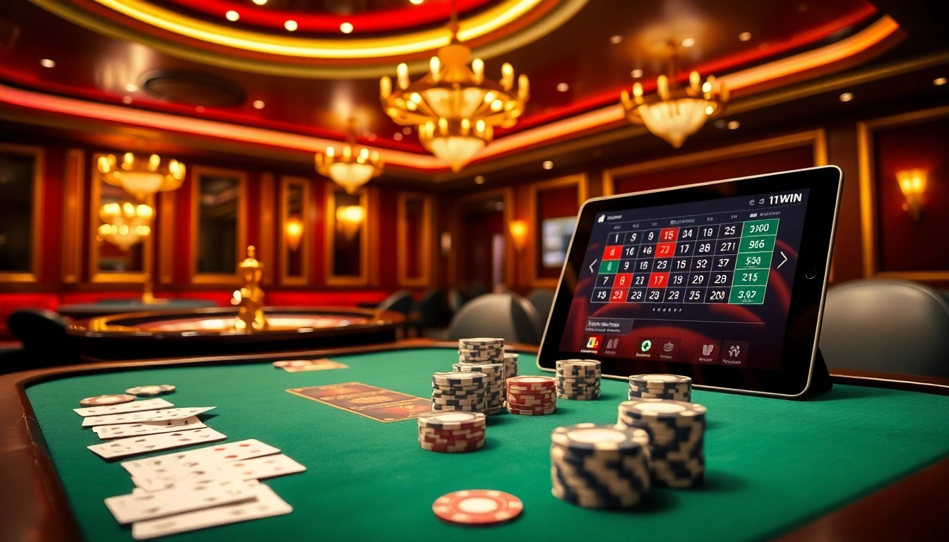 Experience thrilling gaming with 11WIN's luxurious casino ambiance, featuring a vibrant poker table.