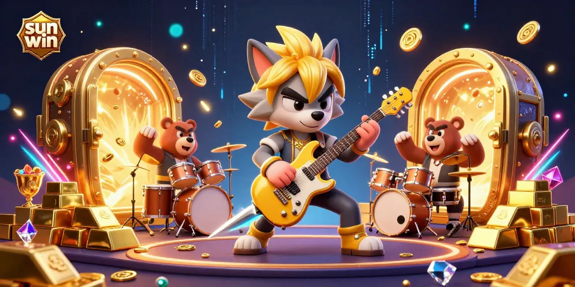 Experience the thrill of the sun win casino with vibrant rock star wolf and drummer bear amidst treasures.