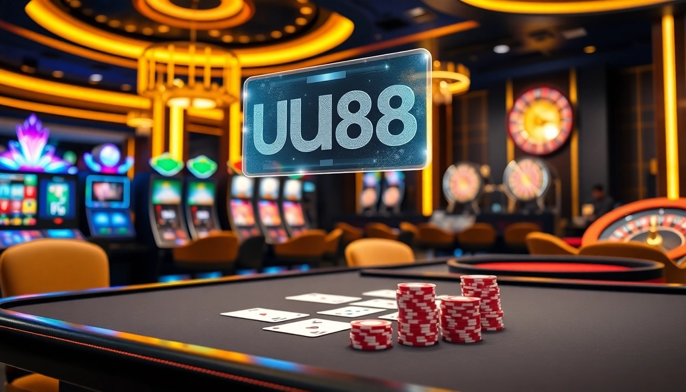 Engaged players enjoying UU88's vibrant casino atmosphere with tables and slot machines.