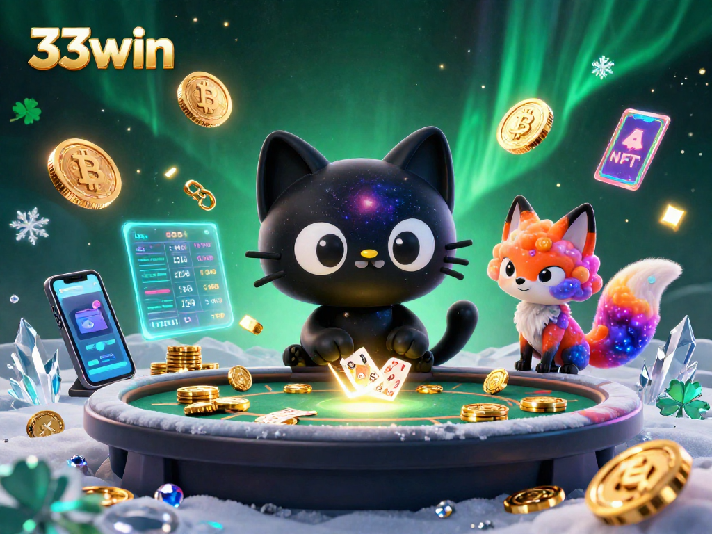 Engage with 33win's cosmic casino scene featuring a black hole cat and nebula fox amidst cryptocurrency elements.