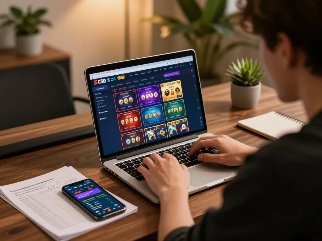 Person engaging in online gambling at SC88 with a laptop and smartphone, reflecting strategic gameplay.