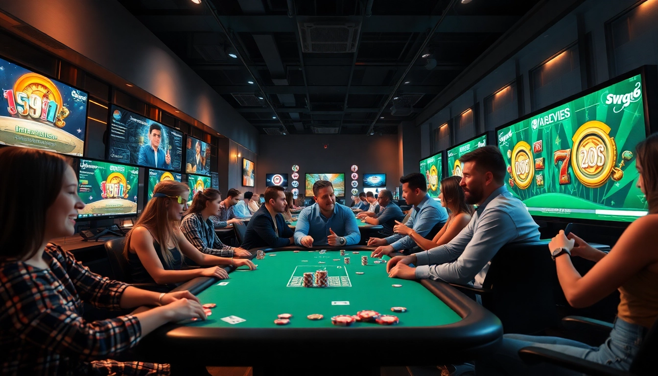 Engaging scene of SV66 online gaming platform with players enjoying poker and slots in a vibrant digital space.
