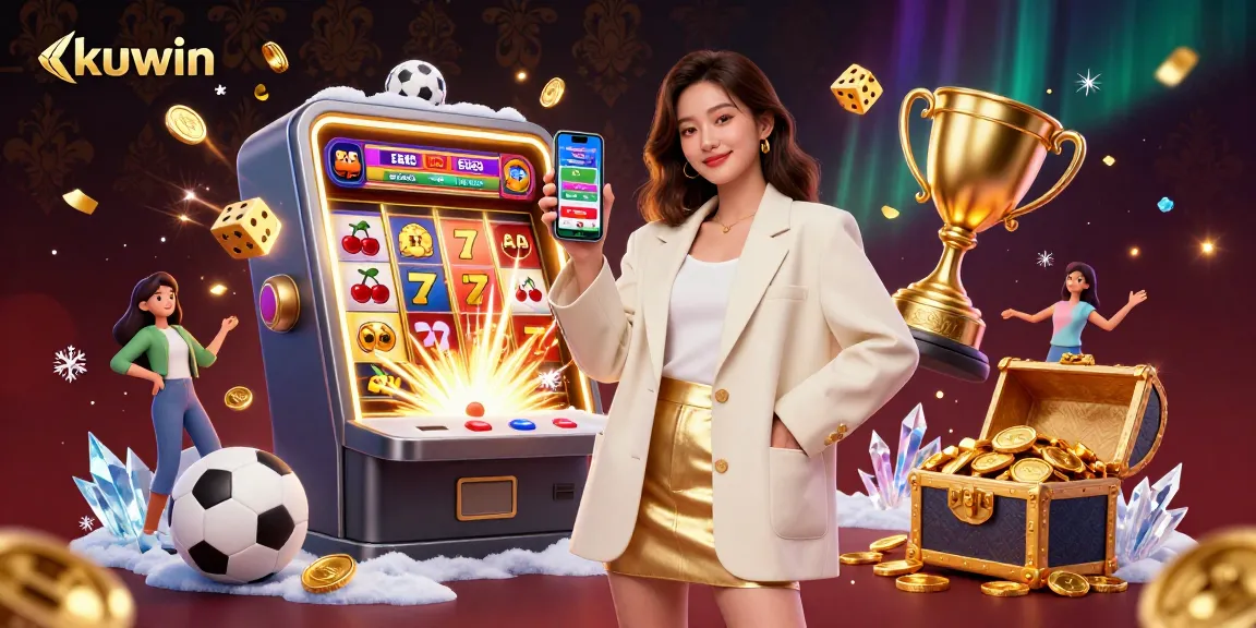 Kuwin sports betting app showcased by an Asian woman amid casino excitement and dynamic graphics