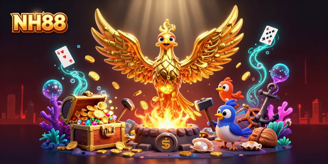 Experience the excitement of NH88 with a golden phoenix soaring amidst vibrant casino elements and treasures.