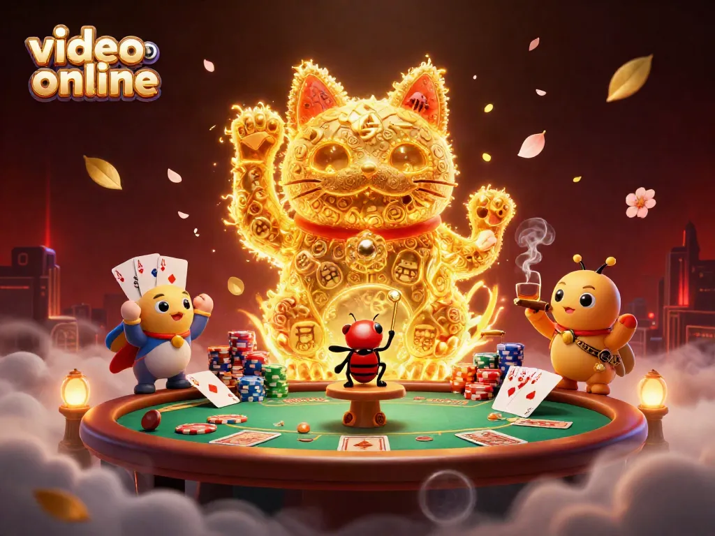 Engage with video poker online through a vibrant scene of lucky symbols and dynamic gaming elements.