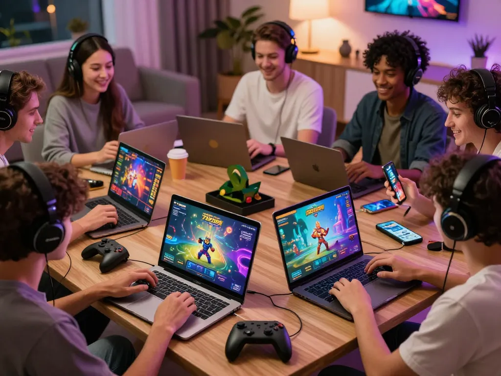 Players immersed in 789club gaming experience on multiple devices, showcasing vibrant gaming graphics and community vibe