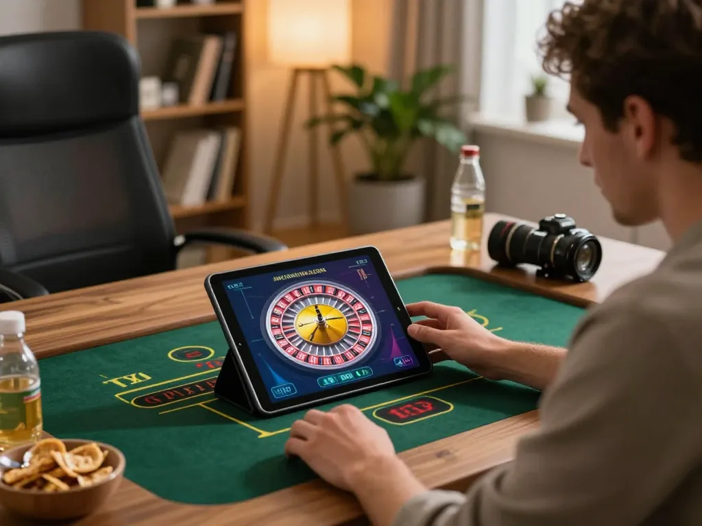 Engaged player using bayvip for an exciting live roulette game at home with a cozy atmosphere.