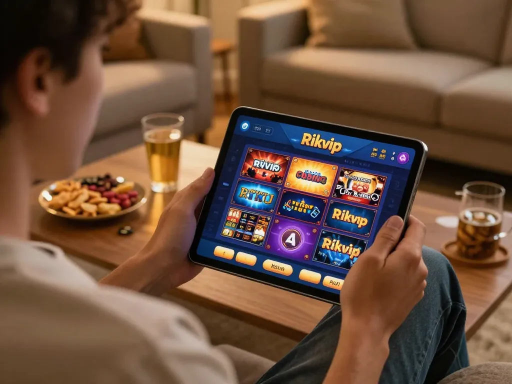 Playing casino games on the rikvip app in a cozy home setup, highlighting strategic engagement.