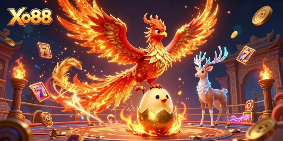 Xo88 captivates players with a dynamic illustration of a fiery phoenix and engaging slot elements.