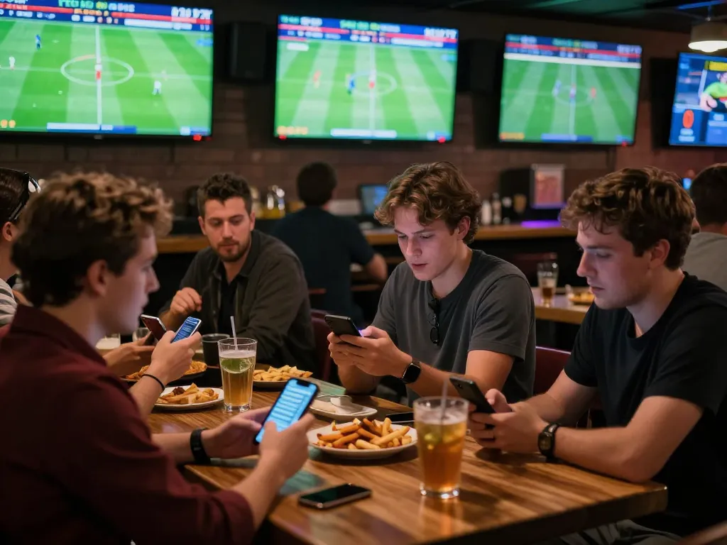 Excited patrons engaging in sports betting while watching ฟุตบอล matches in a lively bar setting.
