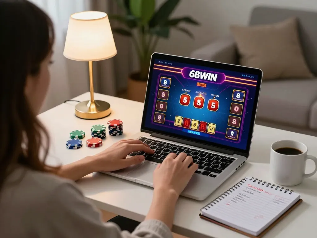Engaging in online gambling at 68WIN with laptop and strategic notes in a cozy home setting.
