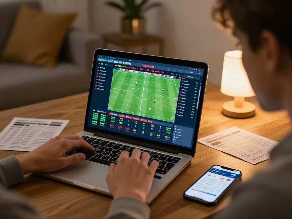 Person using keonhacaii88 for live sports betting, showcasing focused strategy and responsible gambling.